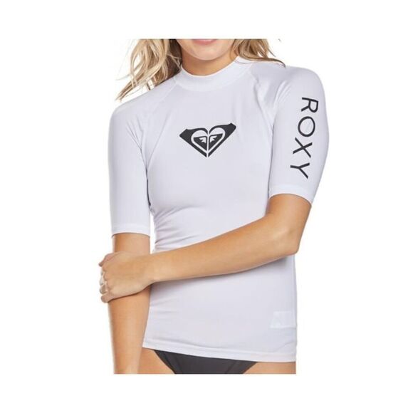 1502 ROXY short Sleeve Whole hearted Logo Cover Up Rash Guard WHITE Sz L euc - Picture 1 of 1